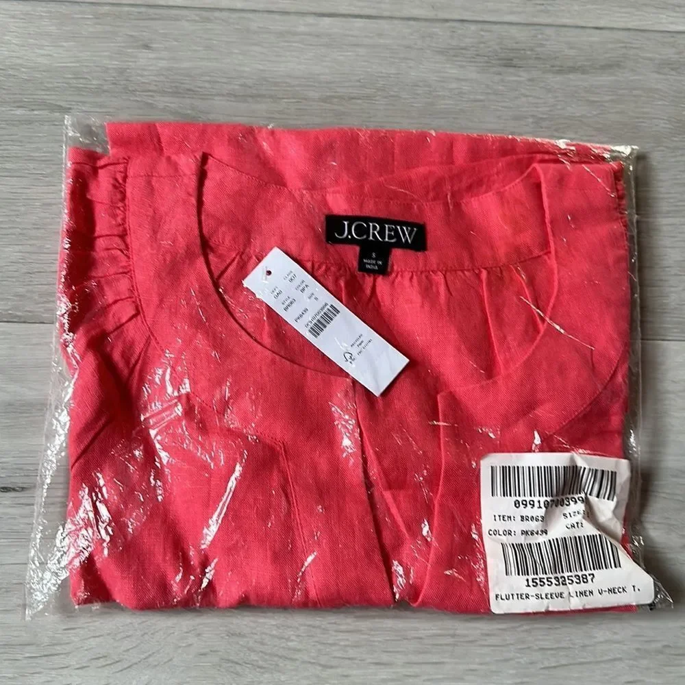 J.Crew Flutter-sleeve linen‎ V-neck top Brilliant Papaya Small NWT in packaging